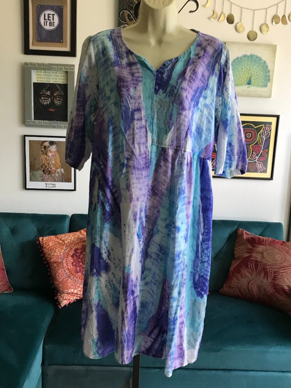 SOFT SURROUNDINGS size L Blue & Purple Watercolor Tie Dye Coastal Shift Dress